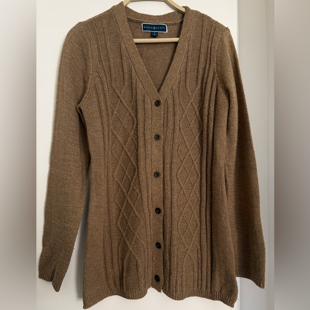 Karen Scott Brown Cable Knit Button-Up Cardigan
